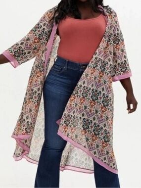 torrid Multicolor Boho Print Kimono with Pink Trim Size 4